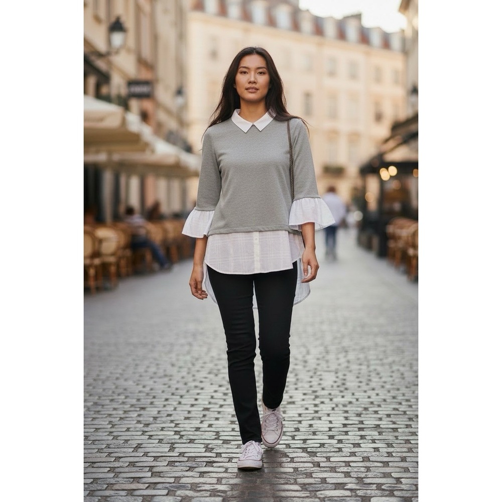 Elle Gray Layered Bell Sleeve Blouse Women's Small NWT Faux Layered Top